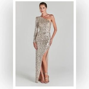 Nadine Merabi Adriana Silver Sequin One Shoulder Maxi Dress Crystal Belt Size XS